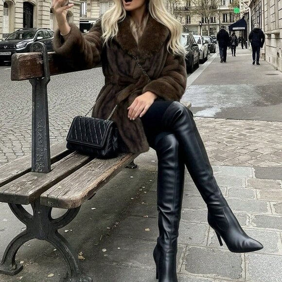 Coffee Brown Women's Christmas Faux Fur Long Sleeve Coat - Picture 4 of 7